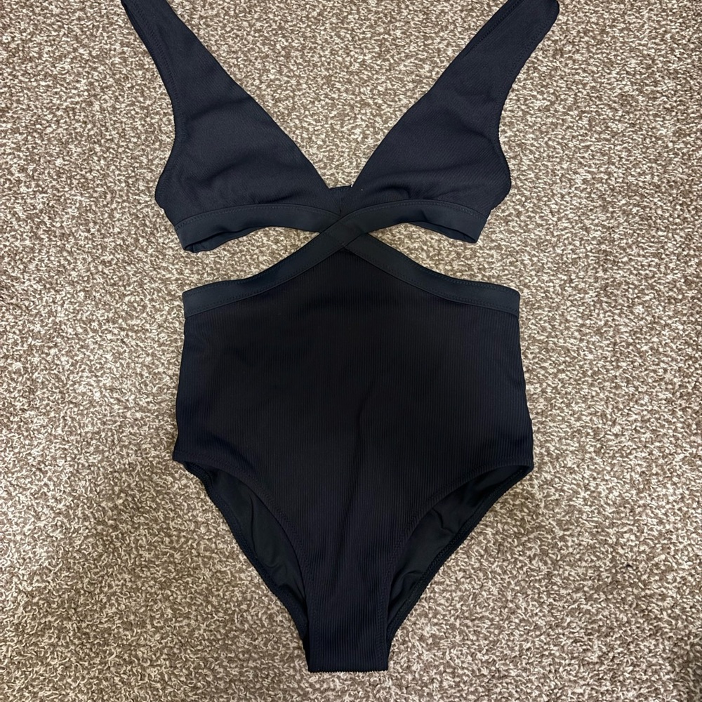 Aerie Black ribbed One Piece bathing suit with cutouts on sides